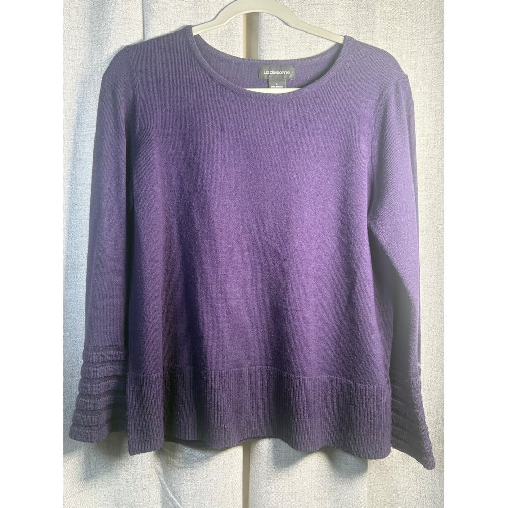 Liz Claiborne Purple Crew Neck Sweater Tiered Ribbed Cuff Long Sleeve L